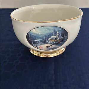 Thomas Kinkade Decorative Bowl one chip in gold base see pics H 5 in dia 8 in